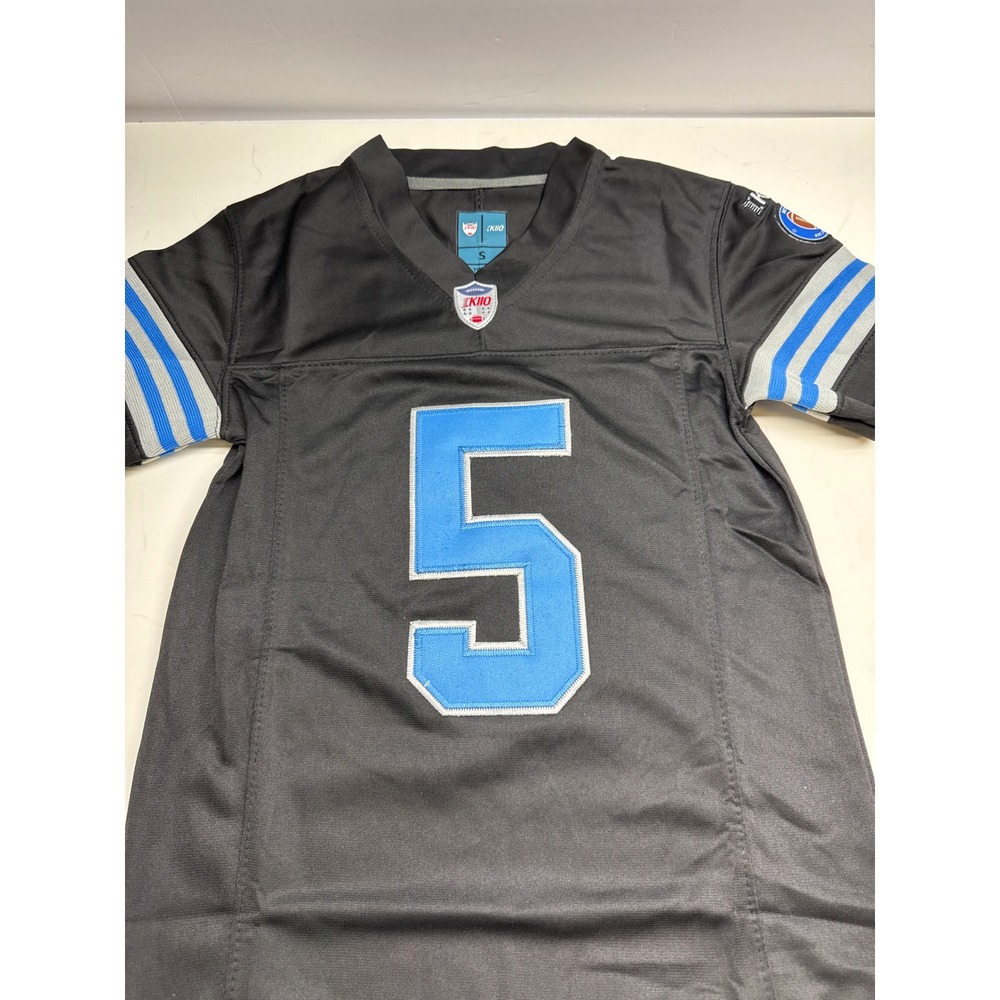 KIIO Detroit Montgomery 5 Football Jersey Youth Small Black Honolulu Blue Silver